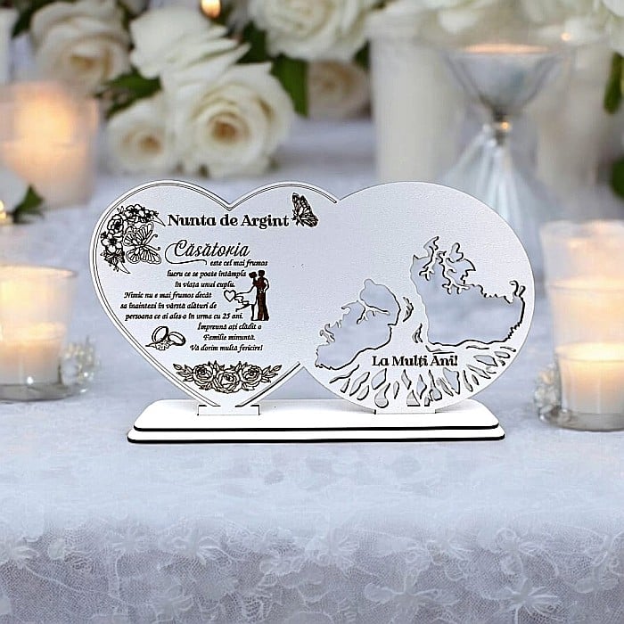 Blank decorativ cu suport, personalizat pentru Nunta De Argint , Produs în România de Rustic Wood Decor, dimensiune 30x16cm [1]
