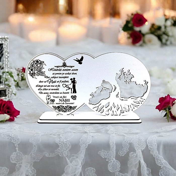 Blank decorativ cu suport, personalizat Vreți Să fiti Nașii Noștri de Cununie , Produs în România de Rustic Wood Decor, dimensiune 30x16cm [1]