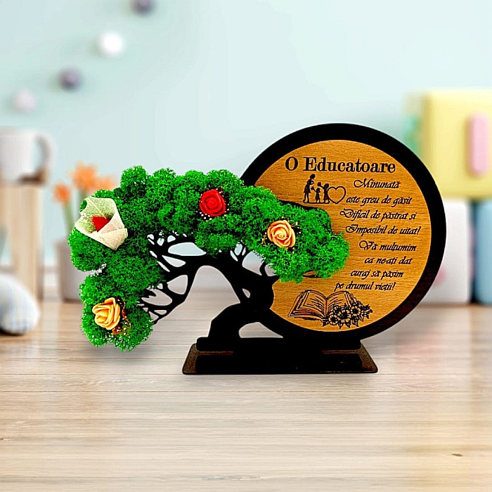 Decorațiune Cadou Bonsai, personalizat cu mesaj standard pentru Educatoare "O Educatoare minunată este greu de gasit..." [1]