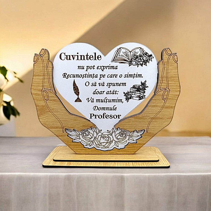 Decoratiune Tablou Inima in palme, cadou personalizat cu mesaj standard pentru Profesor "Cuvintele nu pot exrpima Recunoștința pe care…" dimensiune 20x15cm [1]