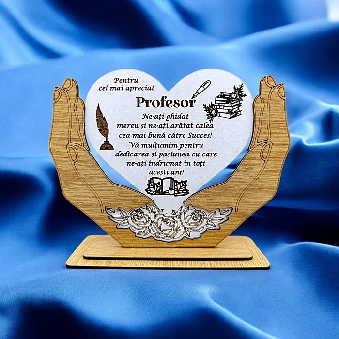 Decoratiune Tablou Inima in palme, cadou personalizat cu mesaj standard pentru Profesor"Pentru cel mai apreciat…" dimensiune 20x15cm [1]