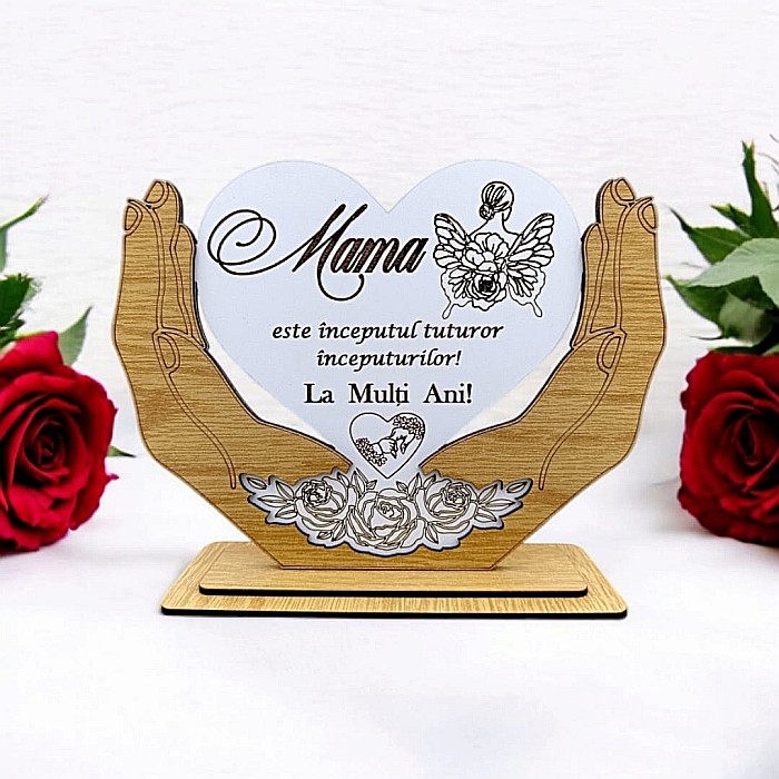 Decoratiune Tablou Inima in palme, cadou personalizat cu mesaj standard pentru Mamă "Mama este inceputul tuturor inceputurilor! La multi Ani!" dimensiune 20x15cm [1]