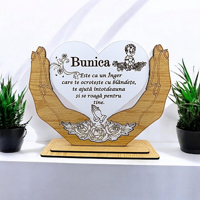 Decoratiune Tablou Inima in palme, cadou personalizat cu mesaj standard pentru Bunica"Bunica este ca un înger care te ocrotește..." dimensiune 20x15cm [1]