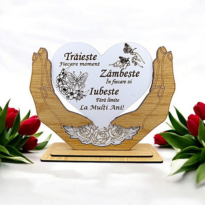 Decoratiune Tablou Inima in palme, cadou personalizat cu mesaj standard "Trăiește fieacare moment, Zâmbește in fiecare zi..." dimensiune 20x15cm [1]