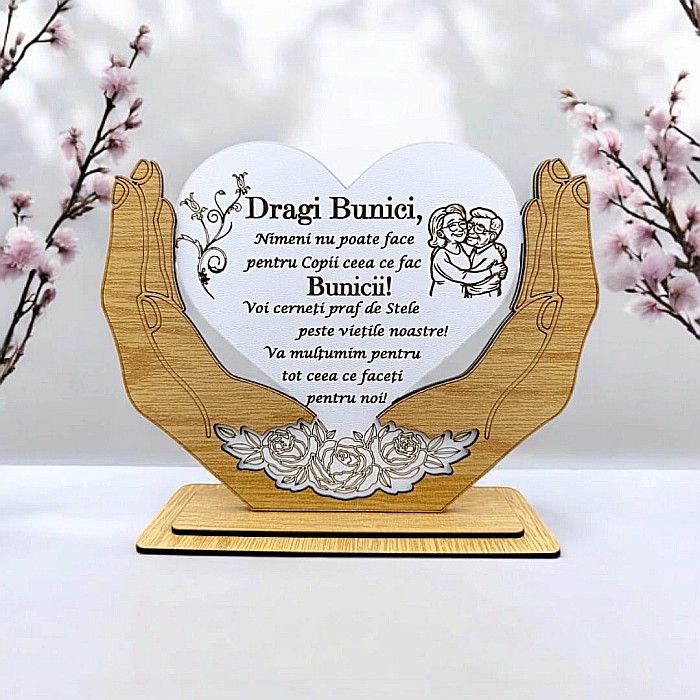 Decoratiune Tablou Inima in palme, cadou personalizat cu mesaj standard pentru Bunici "Dragi Bunici nimeni nu poate face pentru copii ceea ce fac Bunicii!..." dimensiune 20x15cm [1]