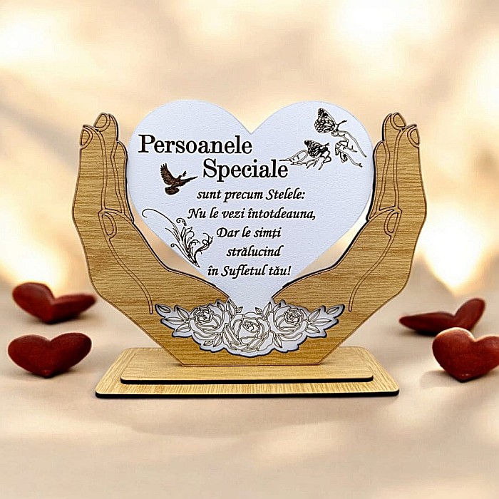 Decoratiune Tablou Inima in palme, cadou personalizat cu mesaj standard "Persoanele Speciale sunt precum stelele..." dimensiune 20x15cm [1]