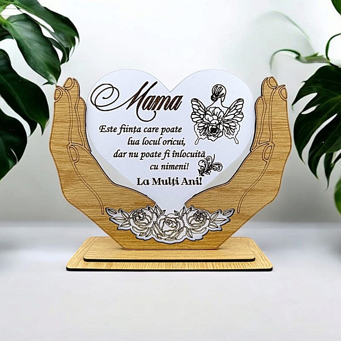 Decoratiune Tablou Inima in palme, cadou personalizat cu mesaj standard pentru Mamă "Mama este ființa care poate lua locul oricui..." dimensiune 20x15cm [1]