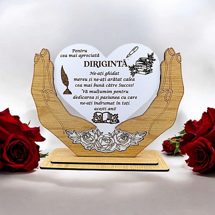 Decoratiune Tablou Inima in palme, cadou personalizat cu mesaj standard pentru Dirigintă "Pentru cea mai apreciată..." dimensiune 20x15cm [1]