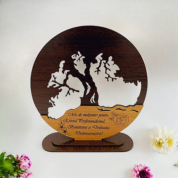 Blank personalizabil, Copacul Vieții decorativ cu mesaj standard ”Mii de mulțumiri pentru Efortul Dumneavoastră ” – Produs în România de Rustic Wood Decor [1]