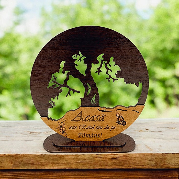 Blank personalizabil, Copacul Vieții decorativ cu mesaj standard ”Acasă este Raiul tău de pe Pământ!” – Produs în România de Rustic Wood Decor [1]
