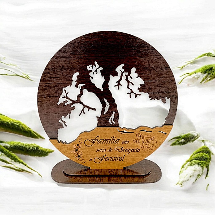 Blank personalizabil, Copacul Vieții decorativ cu mesaj standard ”Familia este sursa de Dragoste și Fericire!” – Produs în România de Rustic Wood Decor [1]