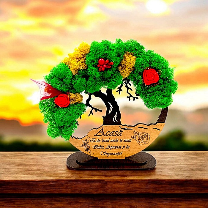Tablou Copacul Vietii Cadou personalizat cu mesaj standard ”Acasă este locul unde te simți Iubit, Apreciat si în Siguranță ”, decorat cu licheni stabilizati Produs în România de Rustic Wood Decor [1]