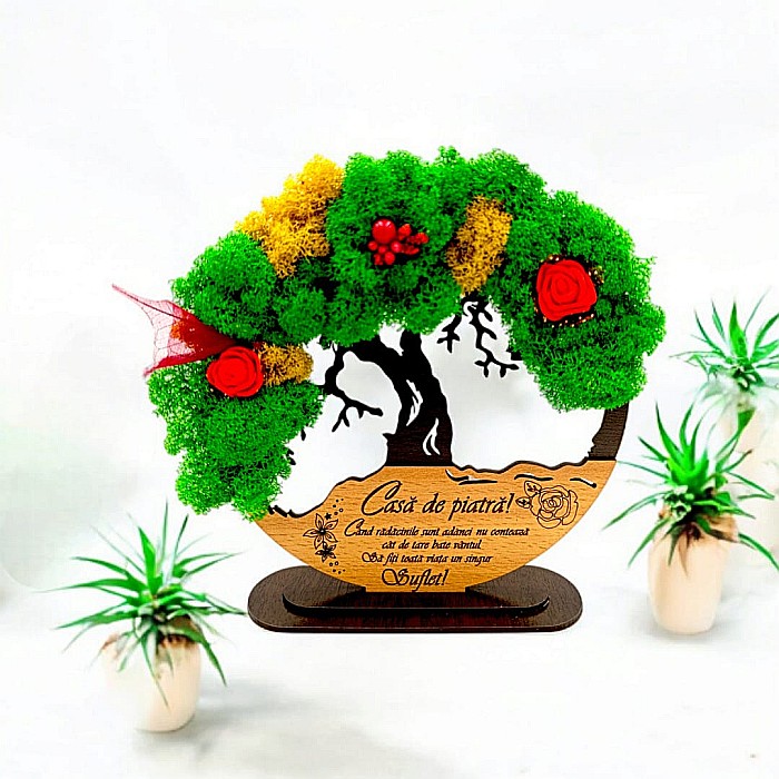 Tablou Copacul Vietii Cadou personalizat cu mesaj standard pentru Nuntă ”Casa de piatră! Când rădăcinile sunt adânci nu contează cât de tare bate vântul!” decorat cu licheni stabilizati Produs în Româ [1]