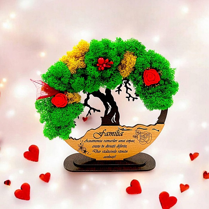 Tablou Copacul Vietii Cadou personalizat cu mesaj standard pentru Familie ”Familia este asemenea ramurilor unui copac...” decorat cu licheni stabilizati Produs în România de Rustic Wood Decor [1]