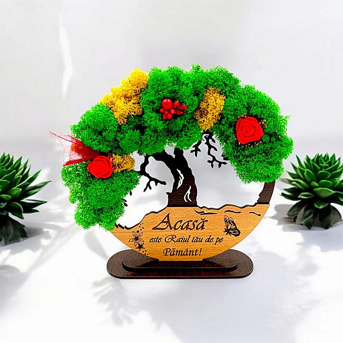 Tablou Copacul Vietii Cadou personalizat cu mesaj standard ”Acasă este Raiul tău de pe Pământ! ” decorat cu licheni stabilizati Produs în România de Rustic Wood Decor [1]