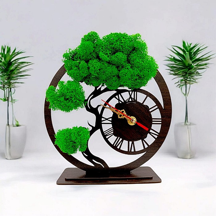 Ceas stil Bonsai cu licheni naturali, cadou personalizat Produs în România de Rustic Wood Decor [1]