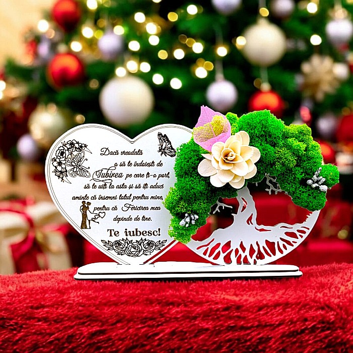 Tablou Inima Copacul vietii decorativ cu suport, personalizat "Daca vreodata te indoiesti de iubirea pe care ti-o port..." , Produs în România de Rustic Wood Decor, dimensiune 30x16cm [1]