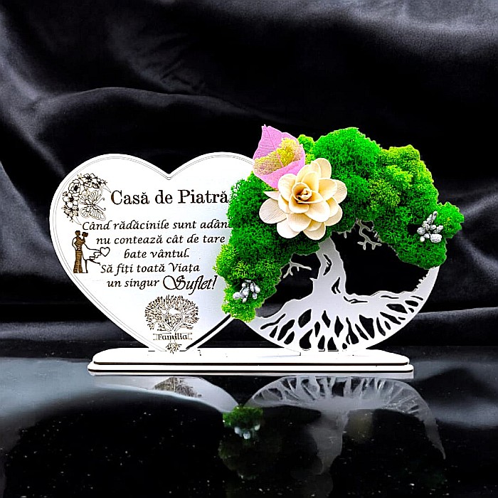 Tablou Inima Copacul vietii decorativ cu suport, personalizat pentru Casatorie "Casa de Piatra, Cand radacinile sunt adanci..." , Produs în România de Rustic Wood Decor, dimensiune 30x16cm [1]