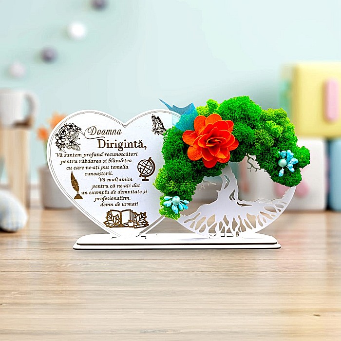 Tablou Inima Copacul vietii decorativ cu suport, personalizat pentru Diriginta "Doamna Diriginta..." , Produs în România de Rustic Wood Decor, dimensiune 30x16cm [1]