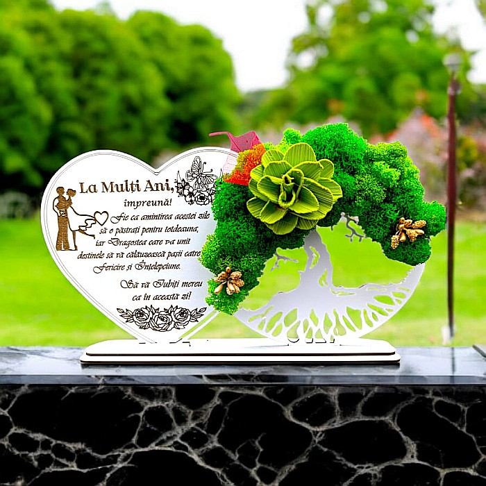 Tablou Inima Copacul vietii decorativ cu suport, personalizat pentru Nunta "La multi ani impreuna!..." , Produs în România de Rustic Wood Decor, dimensiune 30x16cm [1]