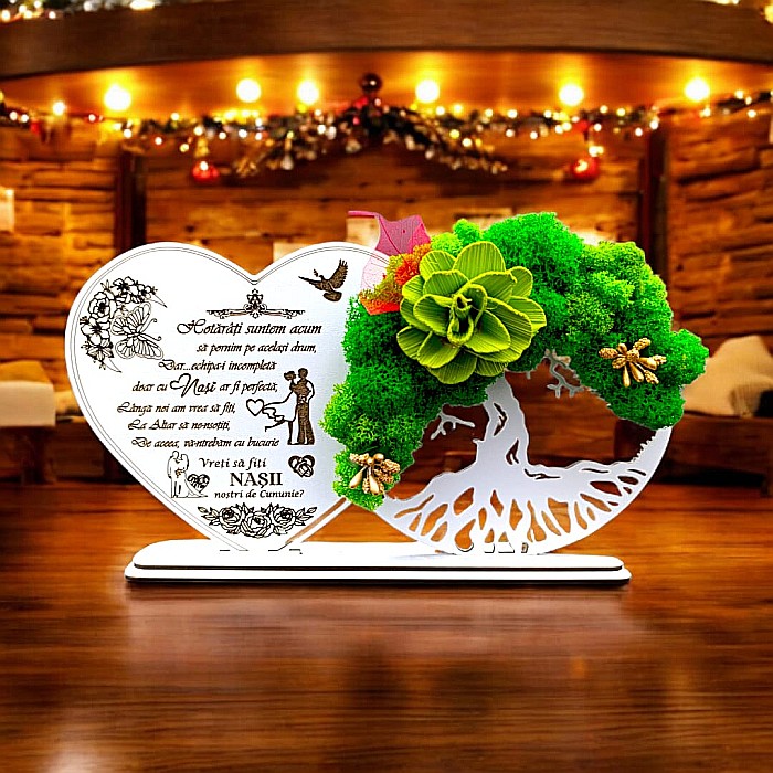 Tablou Inima Copacul vietii decorativ cu suport, personalizat pentru Nasi "Vreti sa fiti Nasii nostri?..." , Produs în România de Rustic Wood Decor, dimensiune 30x16cm [1]