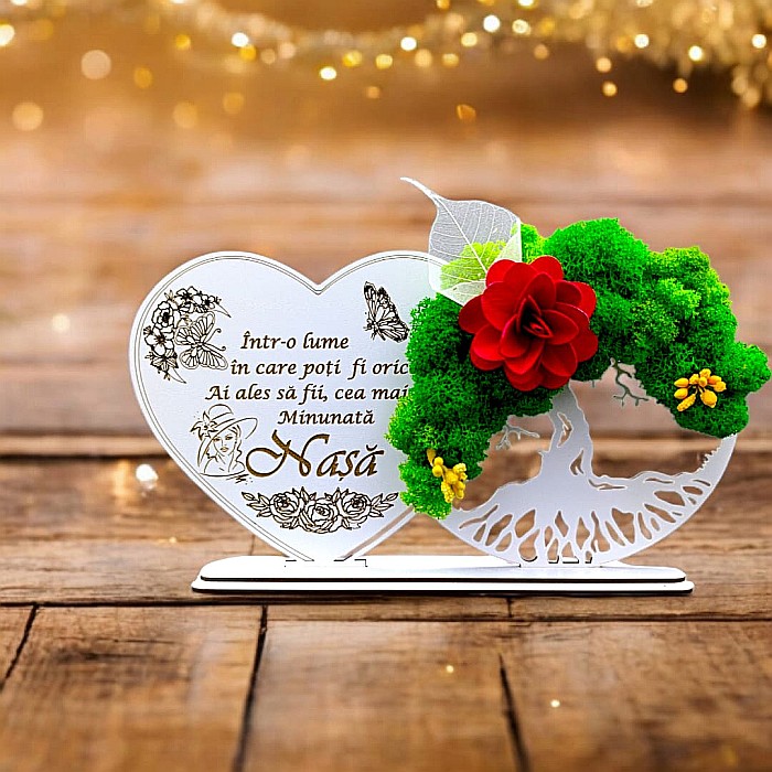 Tablou Inima Copacul vietii decorativ cu suport, personalizat pentru Nasa "Intr-o lume in care poti fii orice..." , Produs în România de Rustic Wood Decor, dimensiune 30x16cm [1]