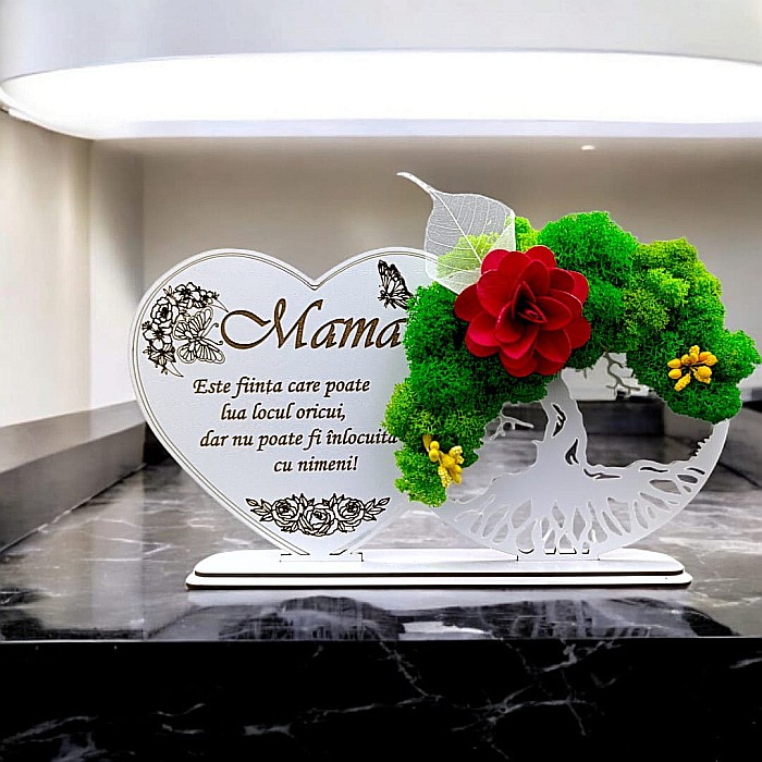 Tablou Inima Copacul vietii decorativ cu suport, personalizat pentru Mama "Este fiinta care poate lua locul oricui..." , Produs în România de Rustic Wood Decor, dimensiune 30x16cm [1]