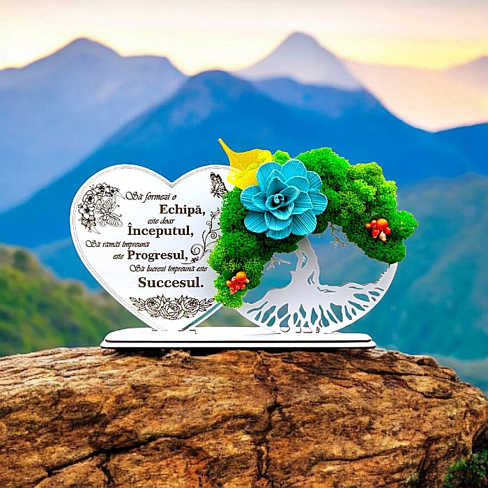 Tablou Inima Copacul vietii decorativ cu suport, personalizat "Sa formezi o echipa este doar inceputul..." , Produs în România de Rustic Wood Decor, dimensiune 30x16cm [1]