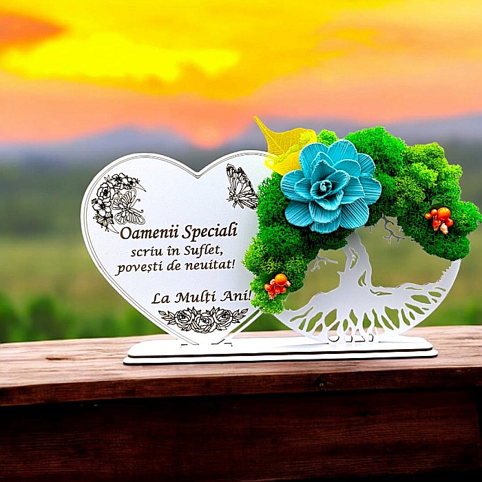 Tablou Inima Copacul vietii decorativ cu suport, personalizat pentru "Oamenii Speciali" , Produs în România de Rustic Wood Decor, dimensiune 30x16cm [1]