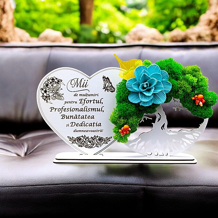 Tablou Inima Copacul vietii decorativ cu suport, personalizat pentru "Mii de multumiri pentru Efortul, Profesionalismul..." , Produs în România de Rustic Wood Decor, dimensiune 30x16cm [1]