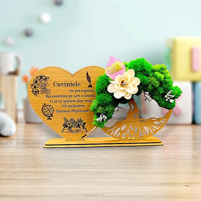 Tablou Inima Copacul vietii decorativ cu suport, personalizat pentru Profesoara"Cuvintele nu pot exprima..." , Produs în România de Rustic Wood Decor, dimensiune 30x16cm [1]