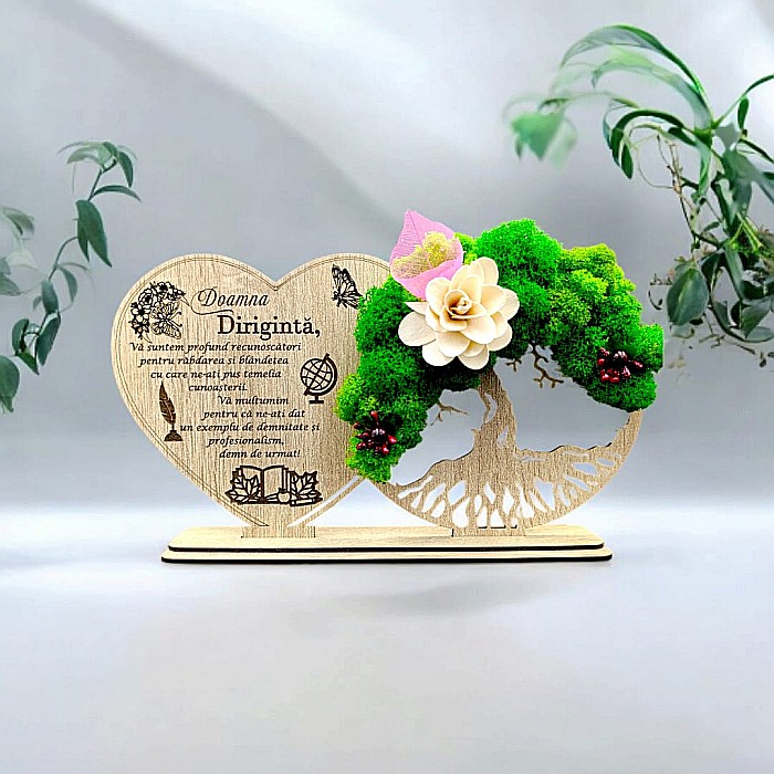 Tablou Inima Copacul vietii decorativ cu suport, personalizat pentru Diriginta "Doamna Diriginta va suntem profund..." , Produs în România de Rustic Wood Decor, dimensiune 30x16cm [1]