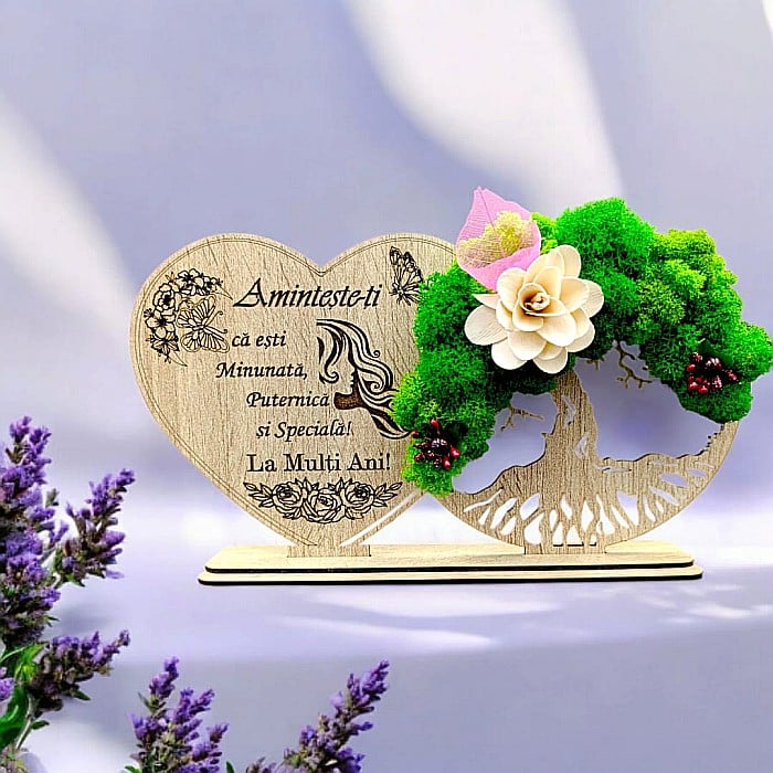 Tablou Inima Copacul vietii decorativ cu suport, personalizat "Aminteste-ti ca esti Minunata, Puternica..." , Produs în România de Rustic Wood Decor, dimensiune 30x16cm [1]