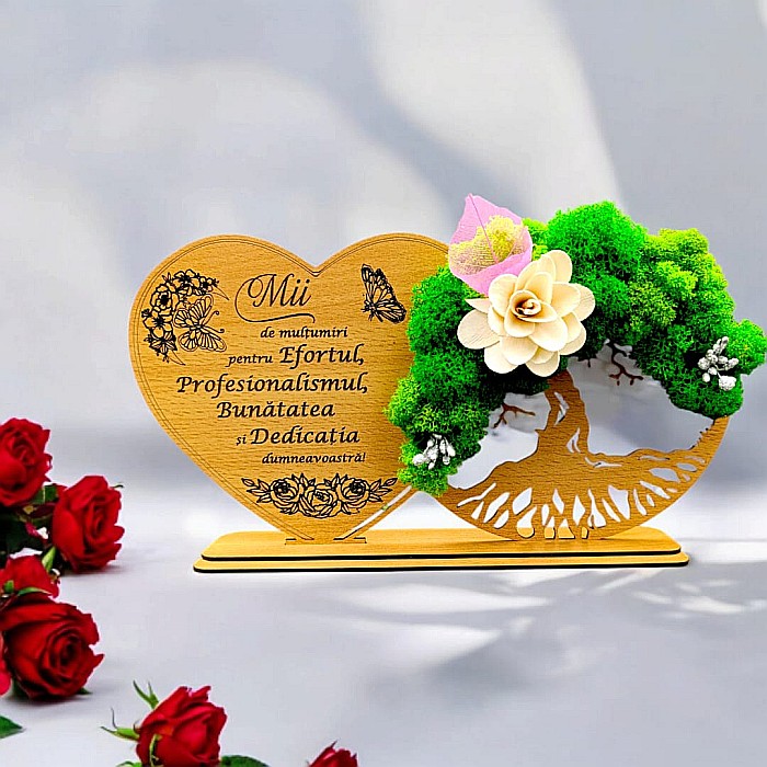 Tablou Inima Copacul vietii decorativ cu suport, personalizat "Mii de multumiri pentru Efortul, Profesionalismul..." , Produs în România de Rustic Wood Decor, dimensiune 30x16cm [1]