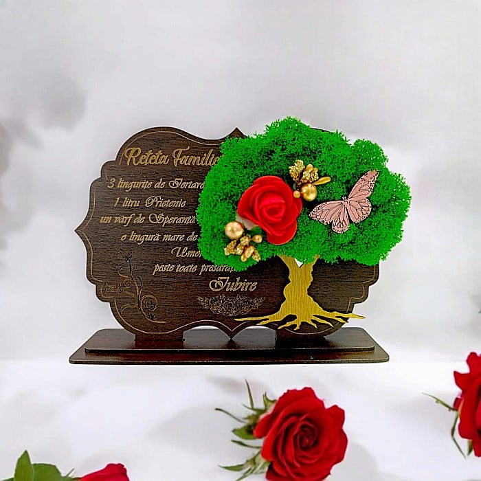 Tablou copac cu licheni stabilizati, cadou personalizat cu mesaj standard "Reteta Familiei" Produs în România de Rustic Wood Decor [1]