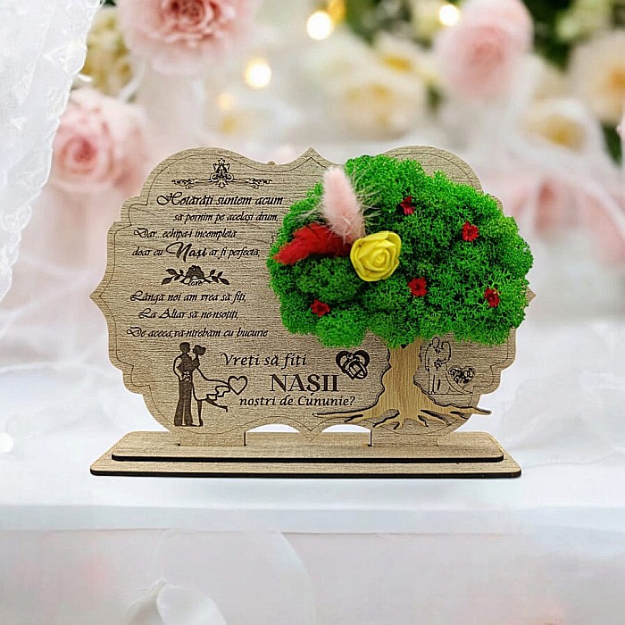 Tablou copac cu licheni stabilizati, cadou personalizat cu mesaj standard pentru Nasi "Vreti sa fiti Nasii nostri?..." Produs în România de Rustic Wood Decor [1]