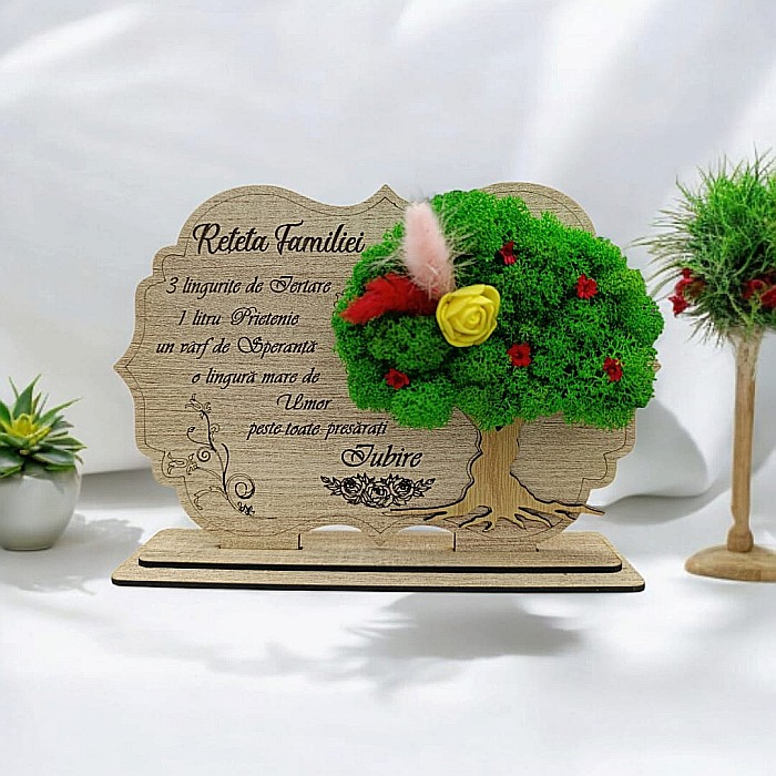 Tablou copac cu licheni stabilizati, cadou personalizat cu mesaj standard "Reteta Familiei" Produs în România de Rustic Wood Decor [1]