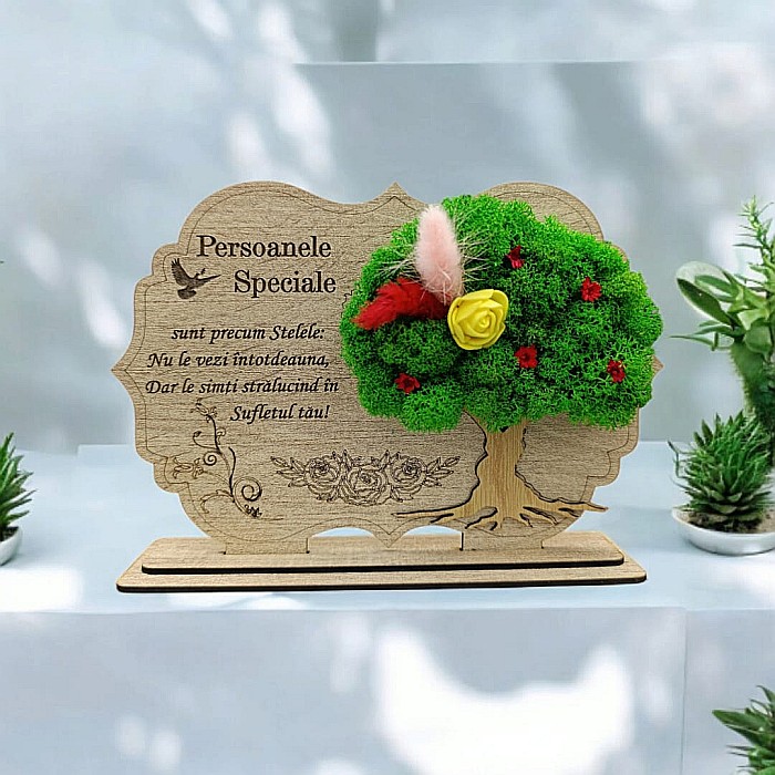 Tablou copac cu licheni stabilizati, cadou personalizat cu mesaj standard pentru "Persoanele Speciale" Produs în România de Rustic Wood Decor [1]