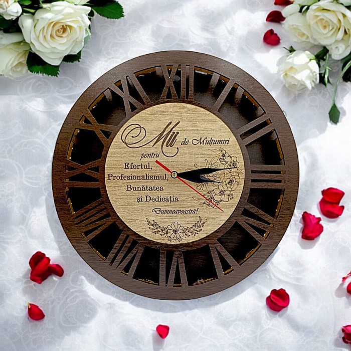 Ceas de perete stil caseta , cadou personalizat "Mii de multumiri pentru Efortul...", cadran wenge, Produs în România de Rustic Wood Decor [1]
