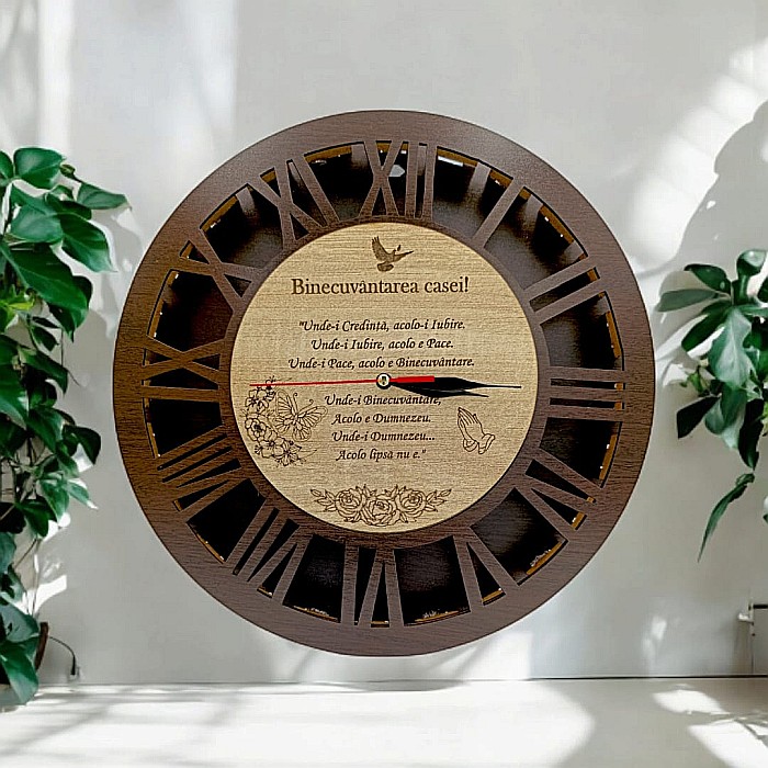 Ceas de perete stil caseta , cadou personalizat "Binecuvantarea Casei", cadran wenge, Produs în România de Rustic Wood Decor [1]