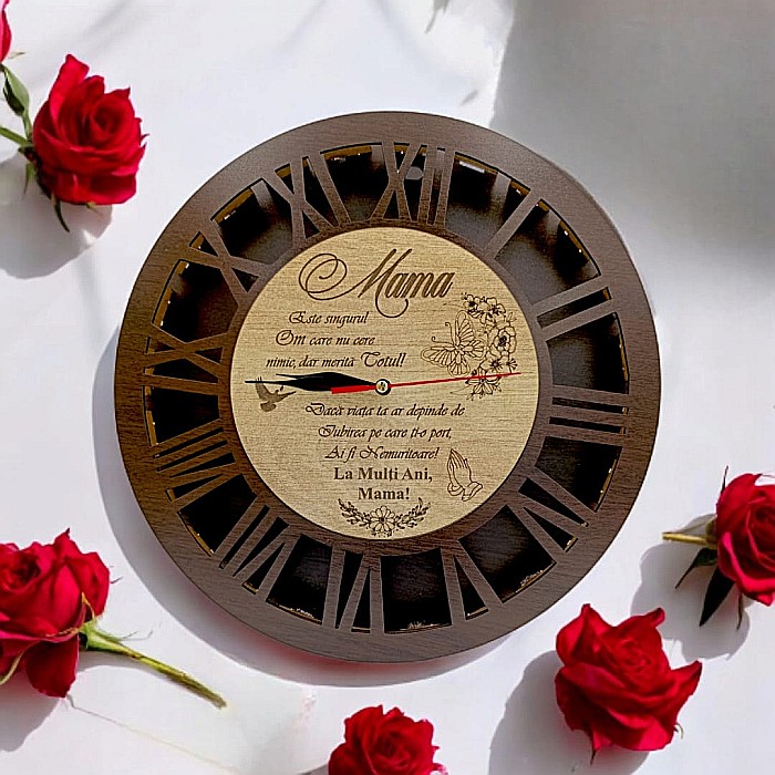 Ceas de perete stil caseta , cadou personalizat pentru Mama "Mama este singurul Om care...", cadran wenge, Produs în România de Rustic Wood Decor [1]