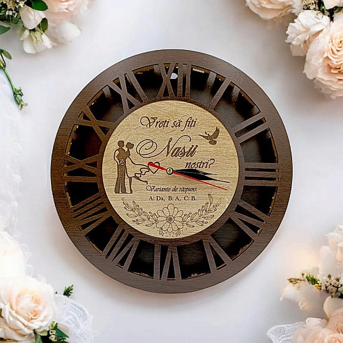 Ceas de perete stil caseta , cadou personalizat pentru Nasi "Vreti sa fiti Nasii nostri?", cadran wenge, Produs în România de Rustic Wood Decor [1]