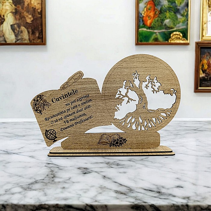 Decoratiune tablou inima, blank pentru licheni stabilizati, cadou personalizat cu mesaj standard pentru "Profesoara", dimensiune 30x18cm, sonoma [1]