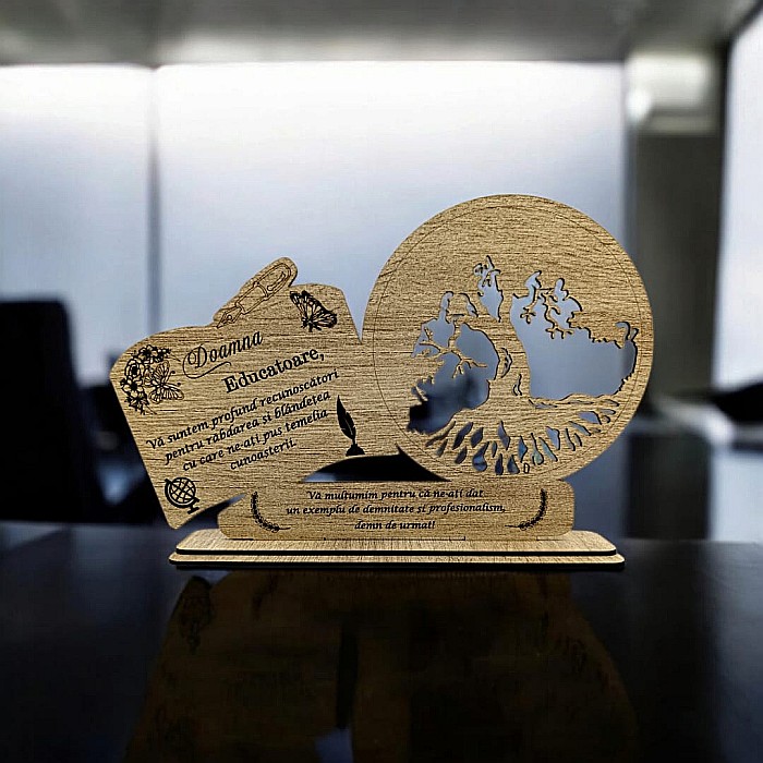 Decoratiune tablou inima, blank pentru licheni stabilizati, cadou personalizat cu mesaj standard pentru "Educatoare", dimensiune 30x18cm, sonoma [1]