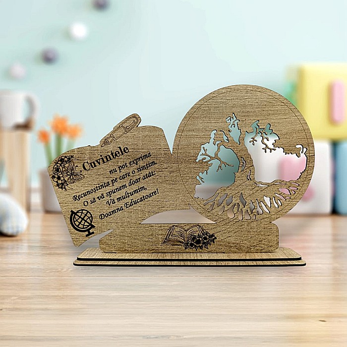 Decoratiune tablou inima, blank pentru licheni stabilizati, cadou personalizat cu mesaj standard pentru "Educatoare", model 2, dimensiune 30x18cm, sonoma [1]