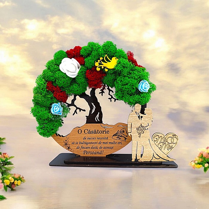 Tablou Copacul Vietii Cadou personalizat cu mesaj standard pentru Nunta/Sotie/Prietena/Familie ”O Casatorie de succes...” decorat cu licheni stabilizati Produs în România de Rustic Wood Decor [1]