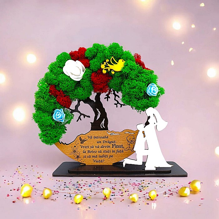 Tablou Copacul Vietii Cadou personalizat cu mesaj standard pentru Nunta/Sotie/Prietena/Familie/Nasi ”Va intreaba un Dragut” decorat cu licheni stabilizati Produs în România de Rustic Wood Decor [1]