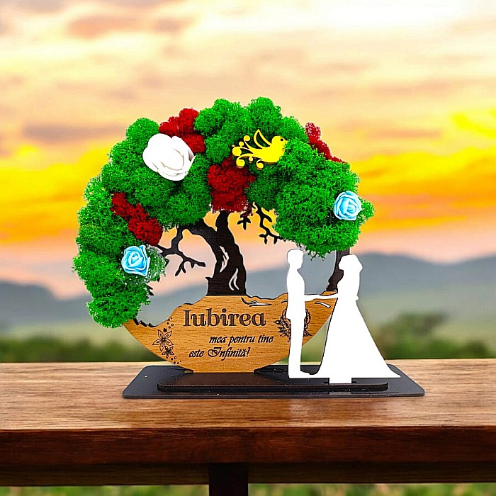 Tablou Copacul Vietii Cadou personalizat cu mesaj standard pentru Nunta/Sotie/Prietena/Familie/Nasi ”Iubirea mea pentru...” decorat cu licheni stabilizati Produs în România de Rustic Wood Decor [1]