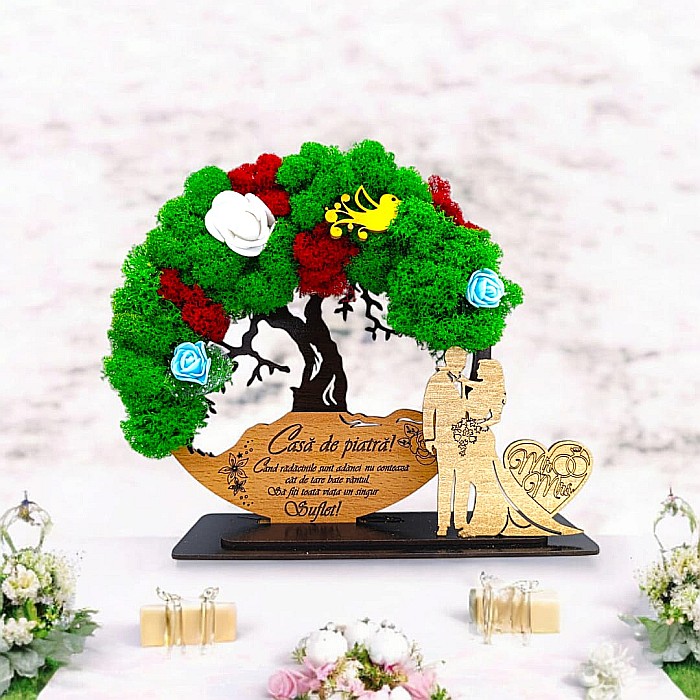 Tablou Copacul Vietii Cadou personalizat cu mesaj standard pentru Nunta/Sotie/Prietena/Familie/Nasi ”Casa de piatra!...” decorat cu licheni stabilizati Produs în România de Rustic Wood Decor [1]