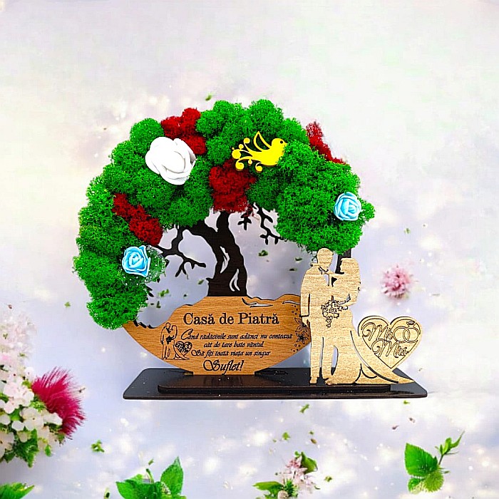 Tablou Copacul Vietii Cadou personalizat cu mesaj standard pentru Nunta/Sotie/Prietena/Familie/Nasi ”Casa de piatra!...” model 2,decorat cu licheni stabilizati Produs în România de Rustic Wood Decor [1]